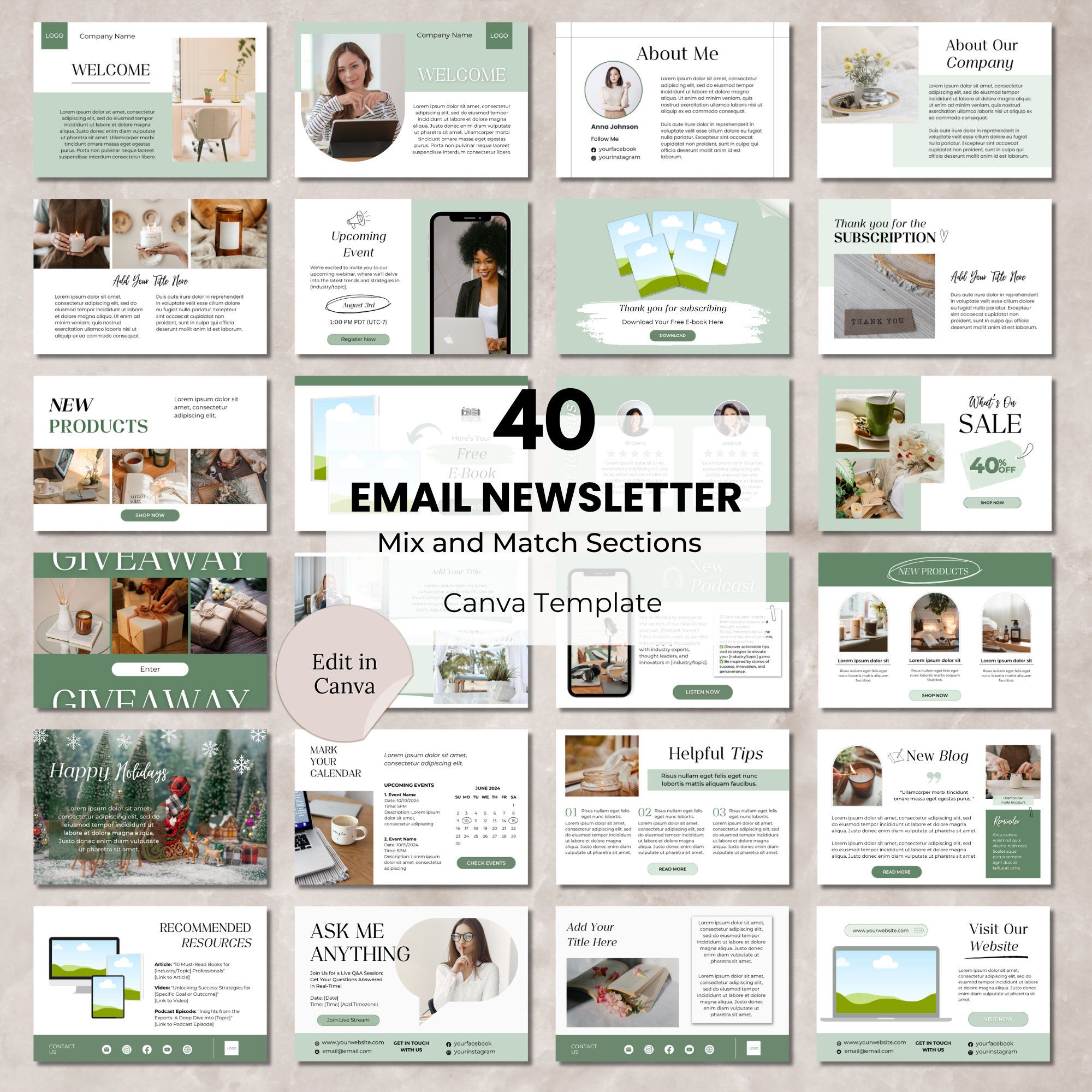 Email Newsletter Canva Template, Email Marketing Newsletter, Editable Mailchimp Newsletter Template Bundle Sage Green Business Newsletter
