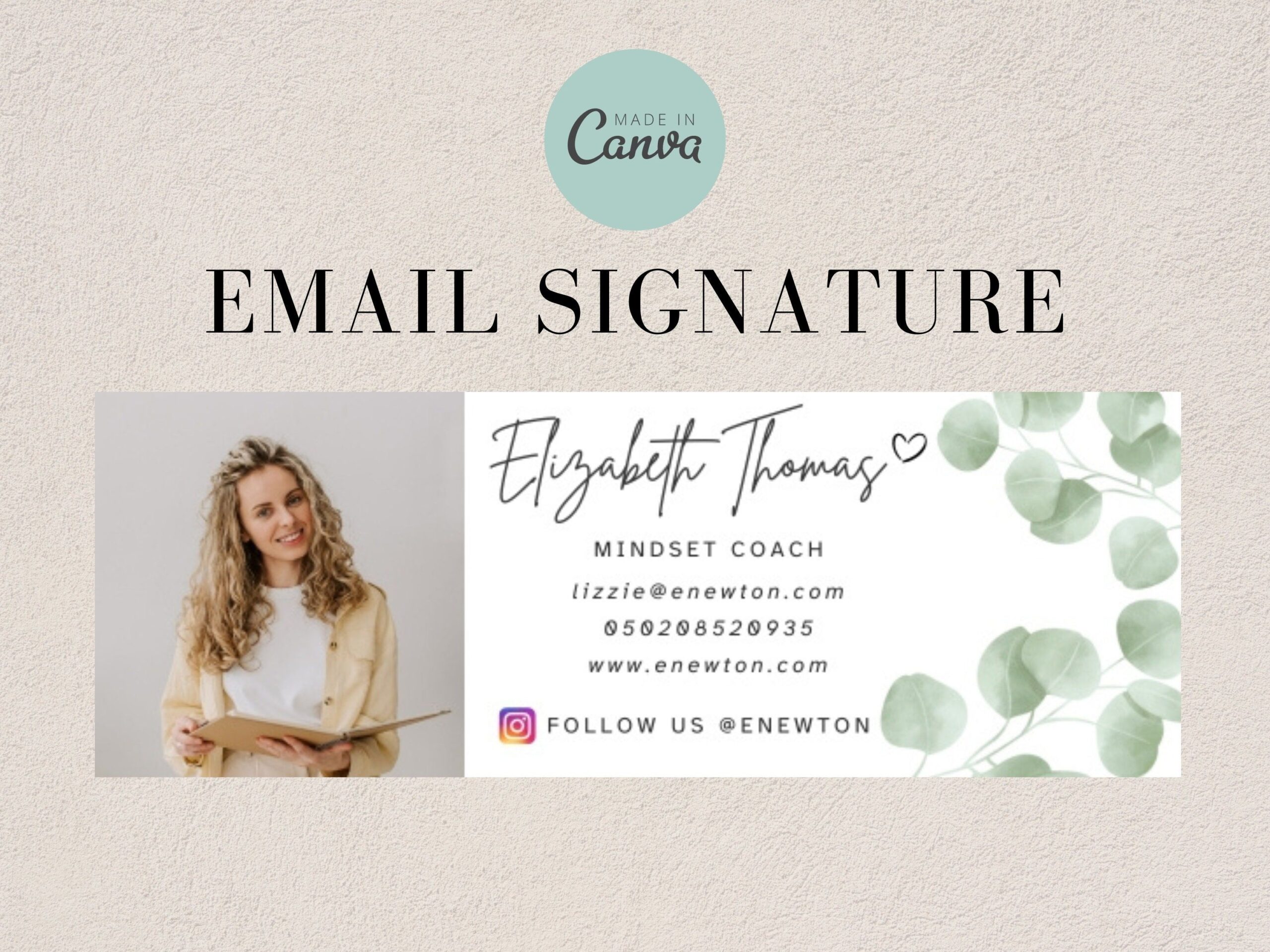 Email Signature with Instagram Icon, Email Signature Business Owner, Editable Canva Template, Instant Download, Minimal, Eucalyptus, PTT-E04