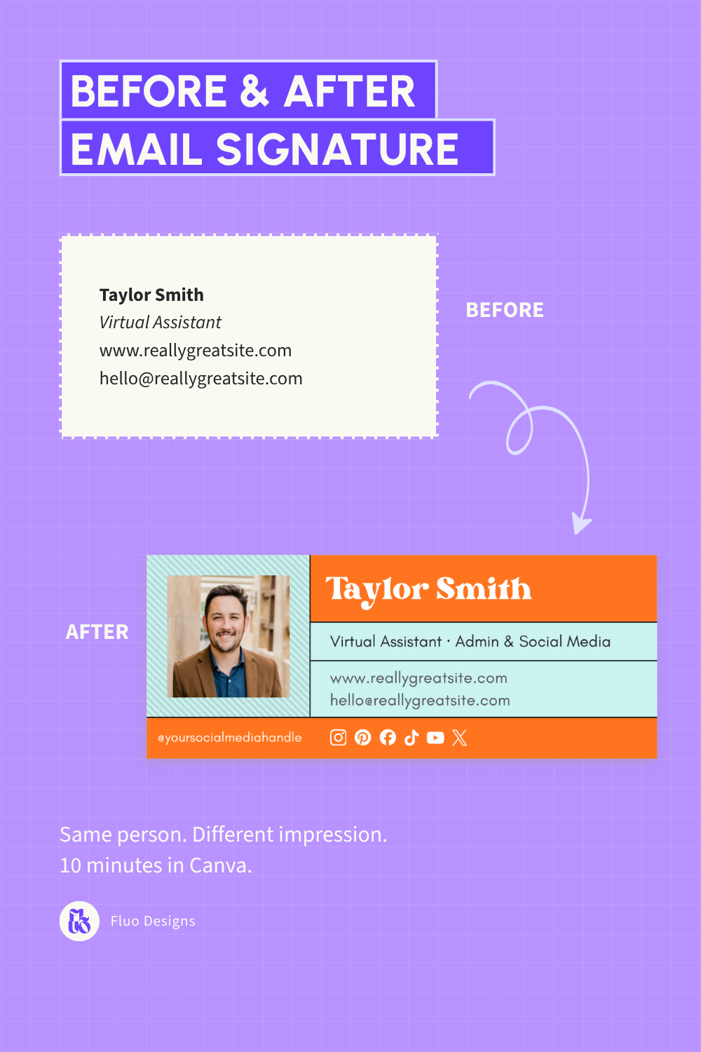 Email signature before and after — same person, very different first impression