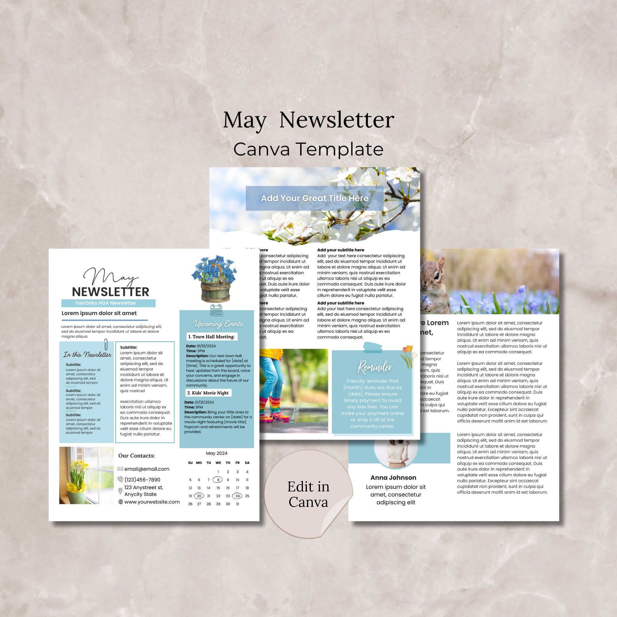 May Newsletter 2026 Canva Template, Editable May HOA Newsletter Page, Spring Community Newsletter, School Classroom Neighborhood Newsletter