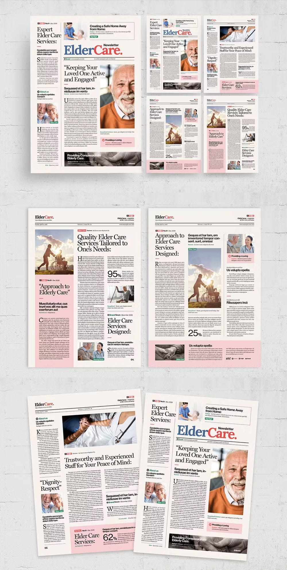 Elegant Elder Care Newsletter Template – Modern A4 Design for Print & InDesign